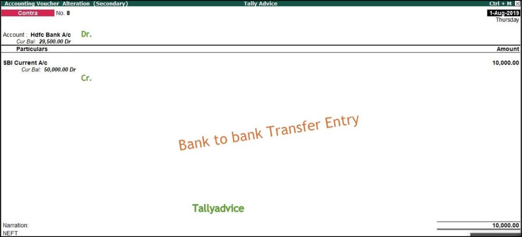 Bank to bank Transfer entry - Contra voucher tally