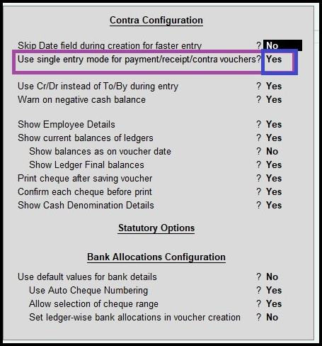 Contra configuration for single entry mode - Tallyadvice