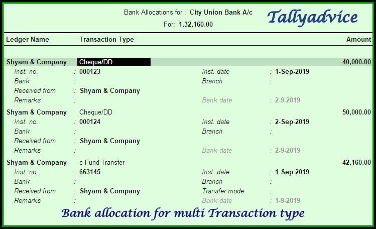 Multiple receipt Transaction entry in tally