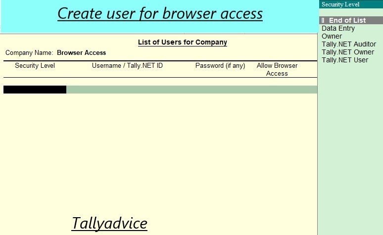 Creata and add Tally browser users 