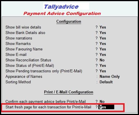 Multiple payment advice configuration tally