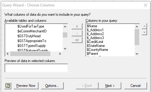 Query selection in excel odbc