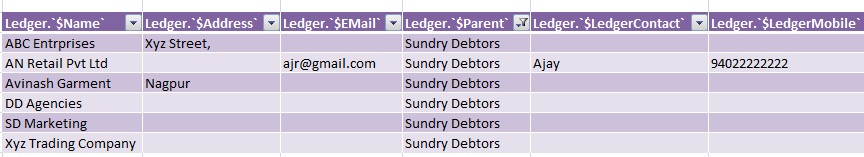 imported ledger address from tally to excel