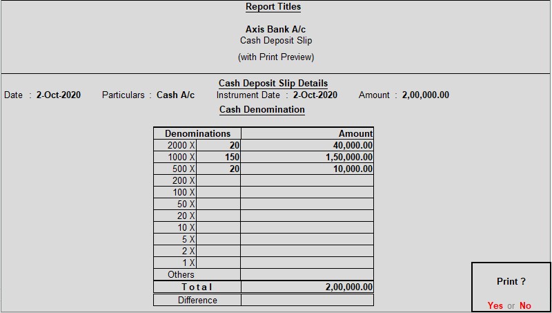 Cash depsit slip detail in tally