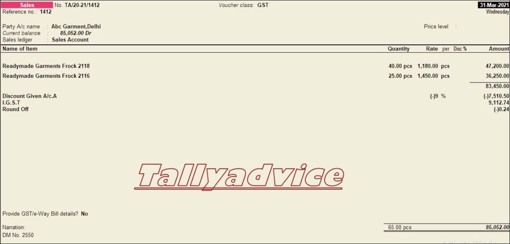 Sale invoice example in tally