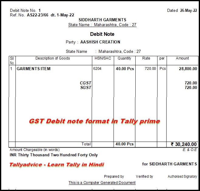 GST debit note format Tally prime