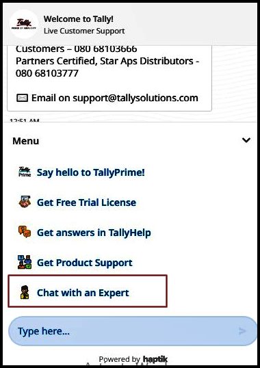 chat with an expert in Tally prime